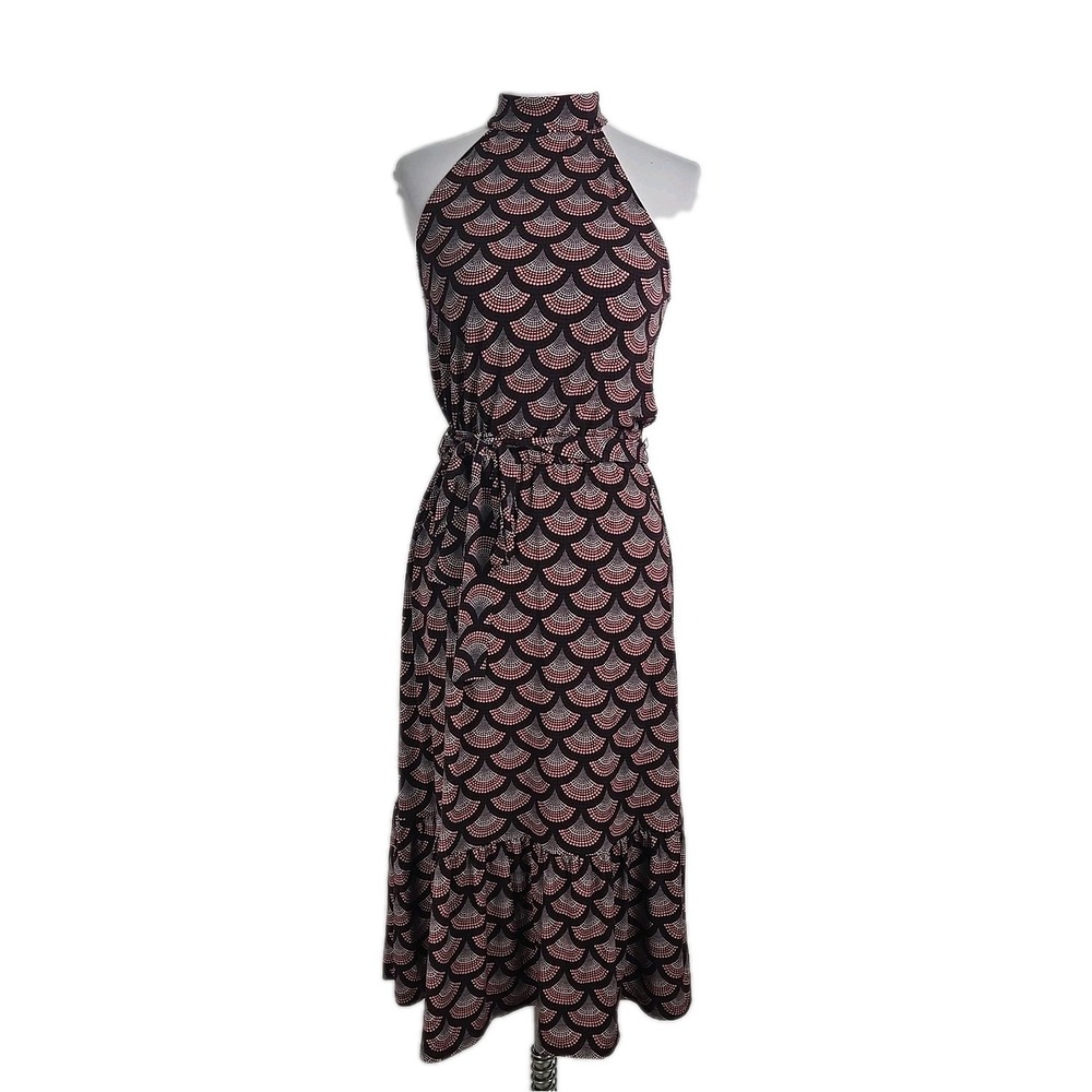 MK Michael Kors Merlot Print High Neck‎ Halter Stretch-Knit Midi Dress Size XS